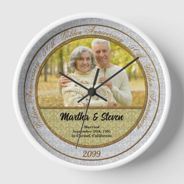 50th Wedding Anniversary Gold Damask Photo Clock (Front)