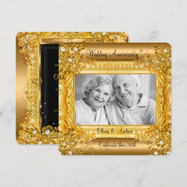 50th Wedding Anniversary Gold Diamond Floral Photo Invitation (Front/Back)