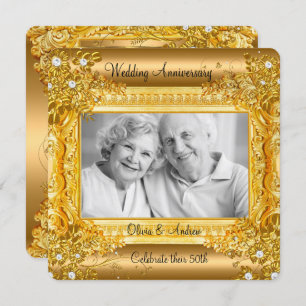 50th Wedding Anniversary Gold Diamond Floral Photo Invitation