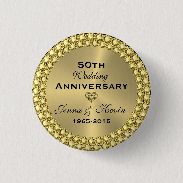 50th Wedding Anniversary Gold & Diamonds 3 Cm Round Badge (Front)