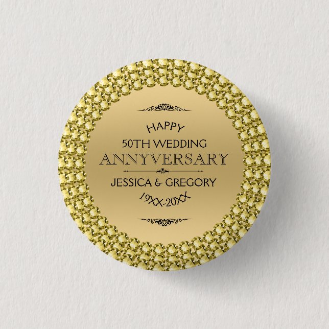 50th Wedding Anniversary Gold Diamonds 3 Cm Round Badge (Front)