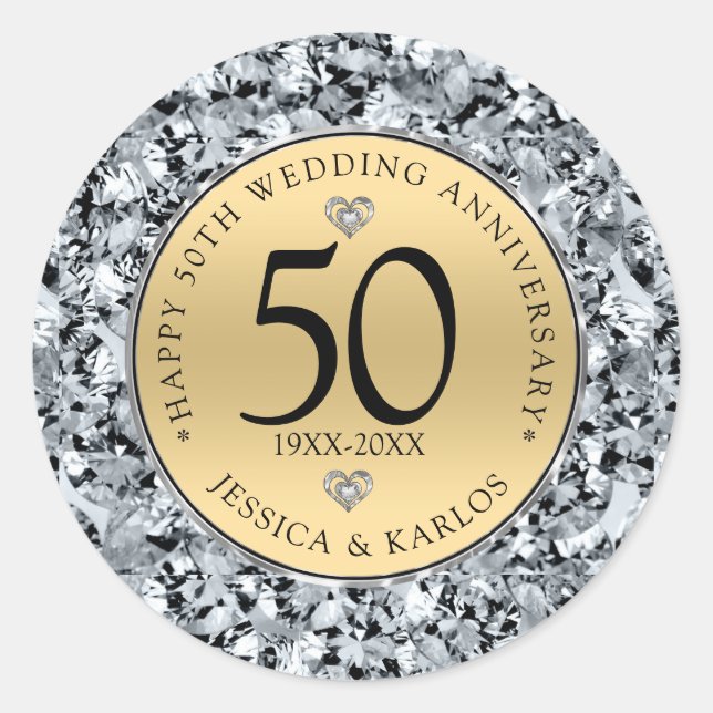 50th wedding anniversary gold & diamonds classic round sticker (Front)