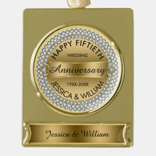 50th Wedding Anniversary-Gold & Diamonds Gold Plated Banner Ornament