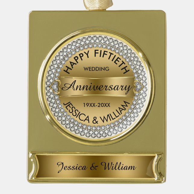 50th Wedding Anniversary-Gold & Diamonds Gold Plated Banner Ornament (Front)