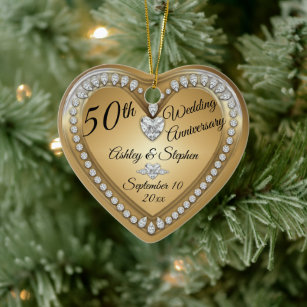 50th Wedding Anniversary Gold Diamonds Keepsake Ceramic Tree Decoration