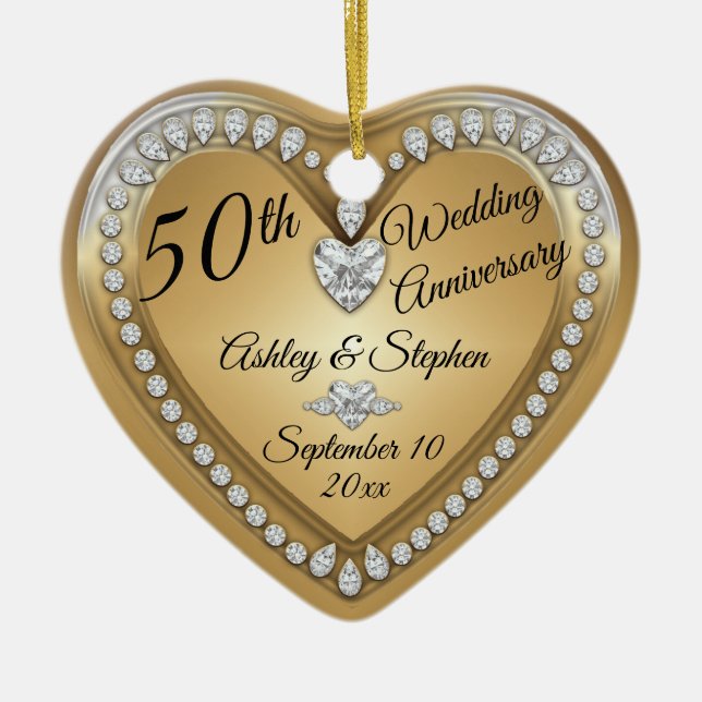 50th Wedding Anniversary Gold Diamonds Keepsake Ceramic Tree Decoration (Front)
