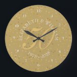 50th Wedding Anniversary Gold Dust Confetti Large Clock<br><div class="desc">50TH WEDDING ANNIVERSARY GOLD DUST CONFETTI CLOCK. Personalised with your names in white with a faux gold drop shadow and a beautiful script "50" (or a monogram initial),  on a delicate gold dust confetti background. Designed by Pure Piglet© at www.zazzle.com/purepiglet*.</div>