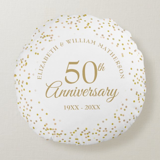 50th Wedding Anniversary Gold Dust Confetti Round Cushion (Front)