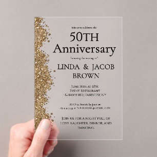 50th Wedding Anniversary Gold Faux Glitter  Acrylic Invitations