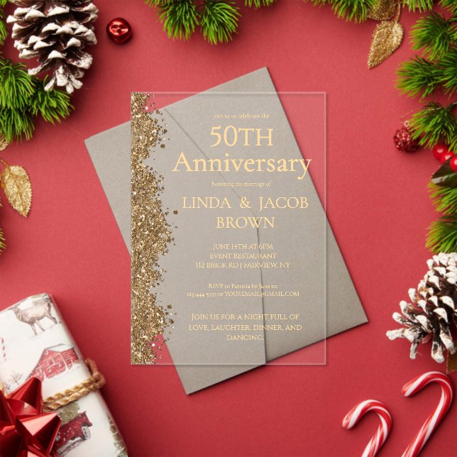 50th Wedding Anniversary Gold Faux Glitter  Acrylic Invitations (Insitu (Holiday))
