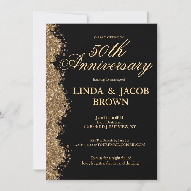 50th Wedding Anniversary Gold Faux Glitter  Invitation (Front)