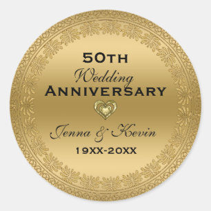 50th Wedding Anniversary Gold Floral Circle Classic Round Sticker