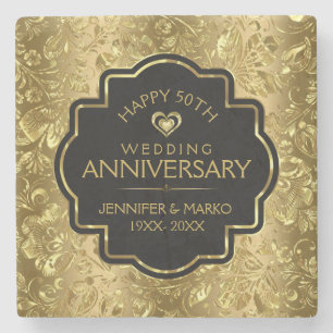50th Wedding Anniversary & Gold Floral Damasks Stone Coaster