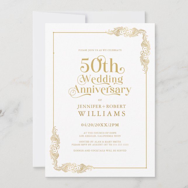 50th Wedding Anniversary Gold Floral Frame Invitation (Front)