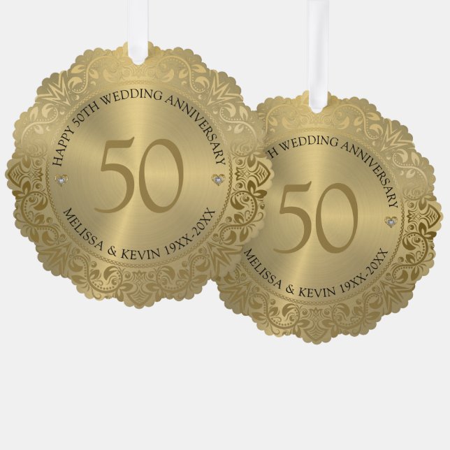 50th Wedding Anniversary Gold Floral Frame Tree Decoration Card (Front/Back)