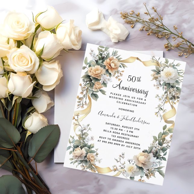 50th wedding anniversary gold floral invitation (Creator Uploaded)
