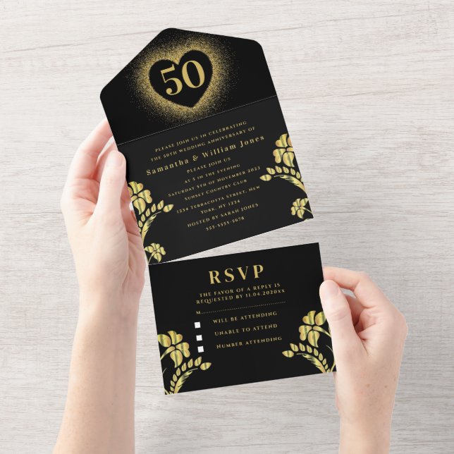 50th Wedding Anniversary Gold Floral Modern All In One Invitation (Tearaway)