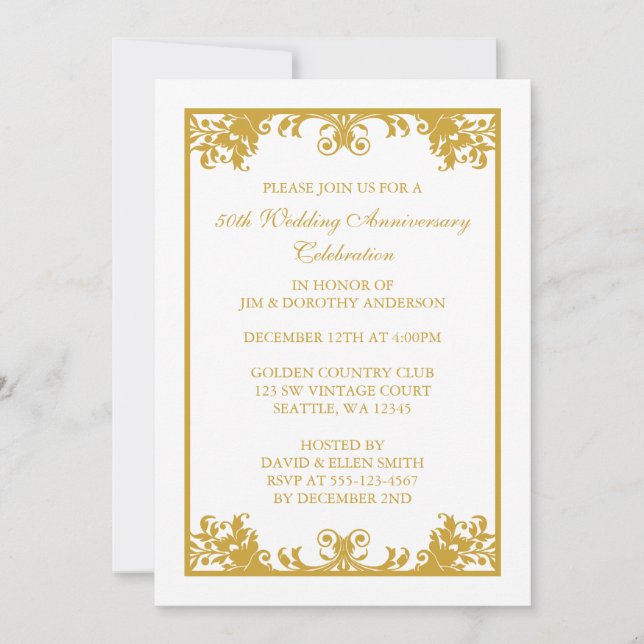 50th Wedding Anniversary Gold Flourish Scroll Invitation (Front)