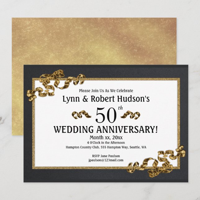 50th Wedding Anniversary Gold Framed Invitation (Front/Back)