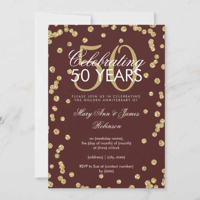 50th Wedding Anniversary Gold Glitter Burgundy  Invitation (Front)