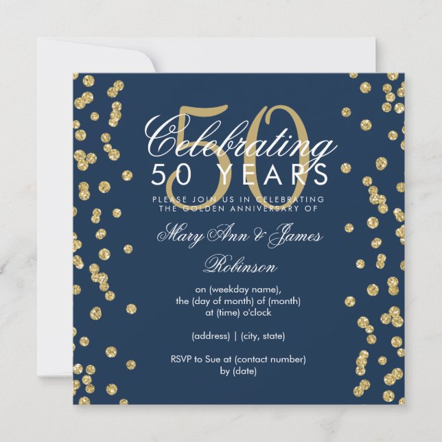 50th Wedding Anniversary Gold Glitter Navy Blue Invitation (Front)