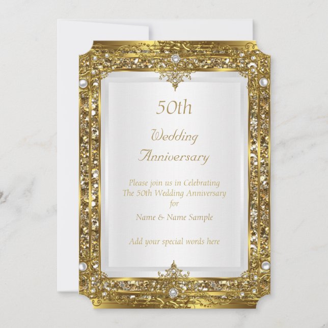 50th Wedding Anniversary Gold Glitter White Pearl Invitation (Front)
