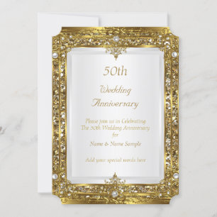 50th Wedding Anniversary Gold Glitter White Pearl Invitation