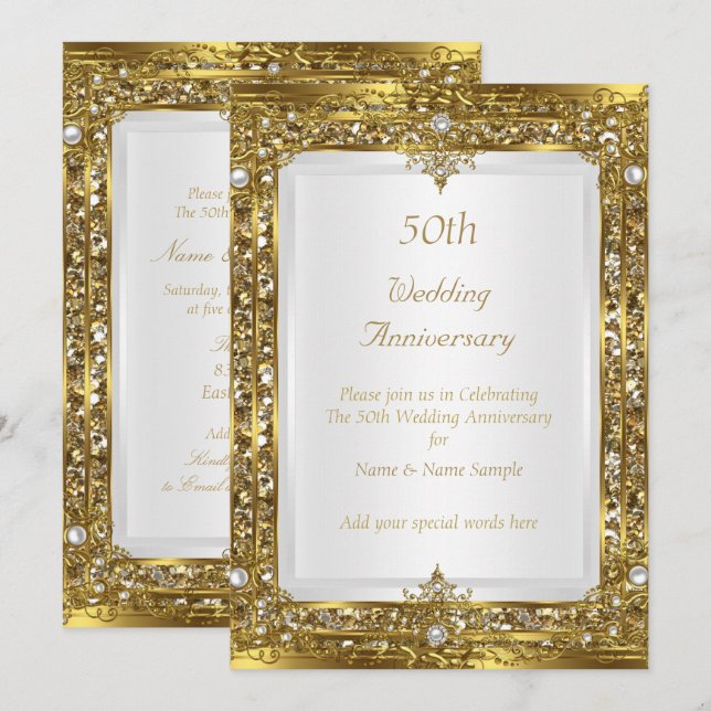 50th Wedding Anniversary Gold Glitter White Pearl Invitation (Front/Back)
