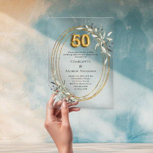 50th wedding anniversary gold greenery clear acrylic invitations