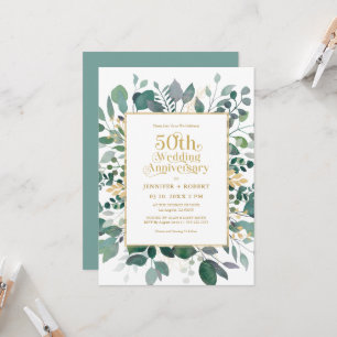 50th Wedding Anniversary Gold Greenery Frame Invitation