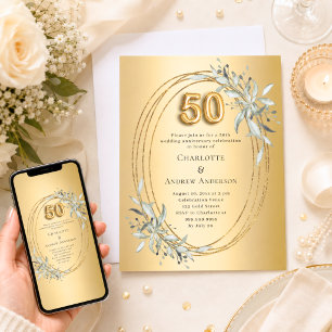 50th wedding anniversary gold greenery invitation