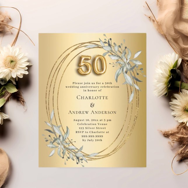 50th wedding anniversary gold greenery invitation (Creator Uploaded)