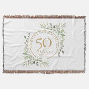 50th Wedding Anniversary Gold Greenery Watercolor Throw Blanket