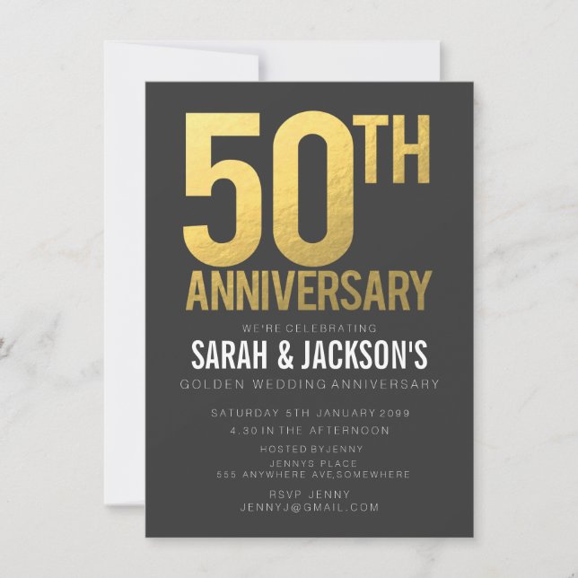 50th Wedding Anniversary Gold Grey Party Invitation (Front)