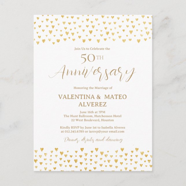 50th Wedding Anniversary Gold Heart Confetti Invitation Postcard (Front)