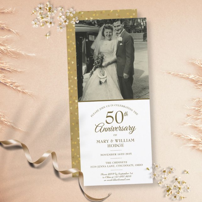 50th Wedding Anniversary Gold Heart Confetti Photo Invitation (Creator Uploaded)