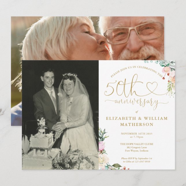 50th Wedding Anniversary Gold Heart Floral 2 Photo Invitation (Front/Back)