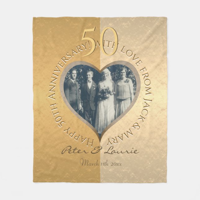 50th Wedding Anniversary Gold Heart Photo Fleece Blanket (Front)