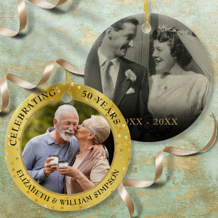 50th Wedding Anniversary Gold Hearts 2 Photo Ceramic Tree Decoration