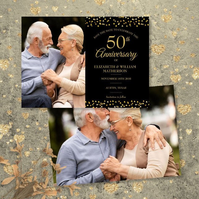 50th Wedding Anniversary Gold Hearts 2 Photo Save The Date (50th Wedding Anniversary Gold Hearts 2 Photo Save The Date)