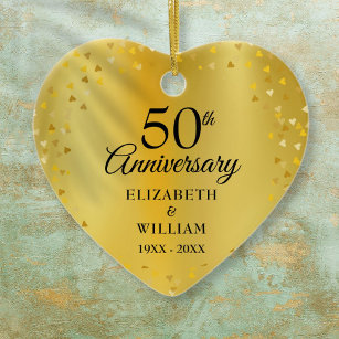 50th Wedding Anniversary Gold Hearts Confetti Ceramic Tree Decoration