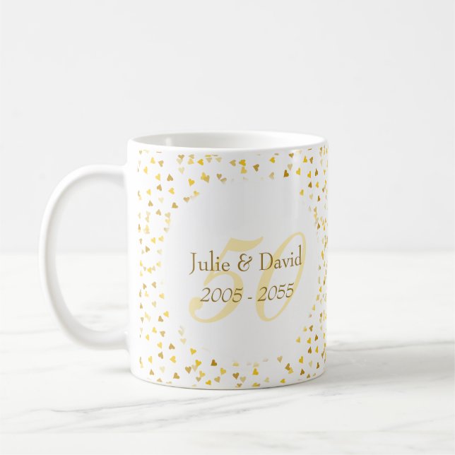 50th Wedding Anniversary Gold Hearts Confetti Coffee Mug (Left)