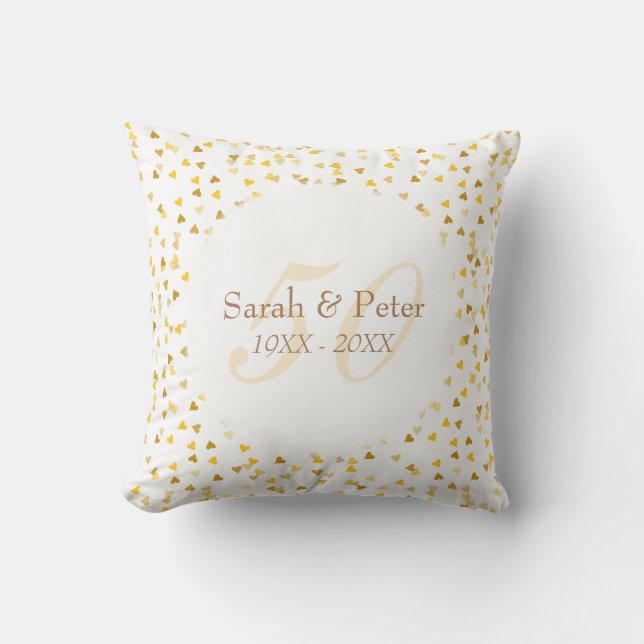50th Wedding Anniversary Gold Hearts Confetti Cushion (Front)