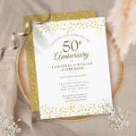 50th Wedding Anniversary Gold Hearts Confetti  Invitation Postcard<br><div class="desc">Featuring delicate golden love hearts confetti. Personalise with your special fifty years golden anniversary information in chic gold lettering. Designed by Thisisnotme©</div>