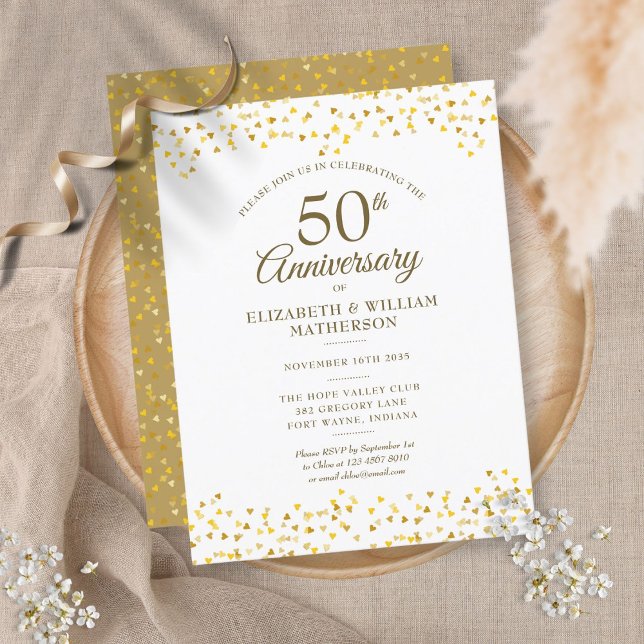 50th Wedding Anniversary Gold Hearts Confetti  Invitation Postcard (Creator Uploaded)