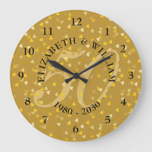 50th Wedding Anniversary Gold Hearts Confetti Large Clock