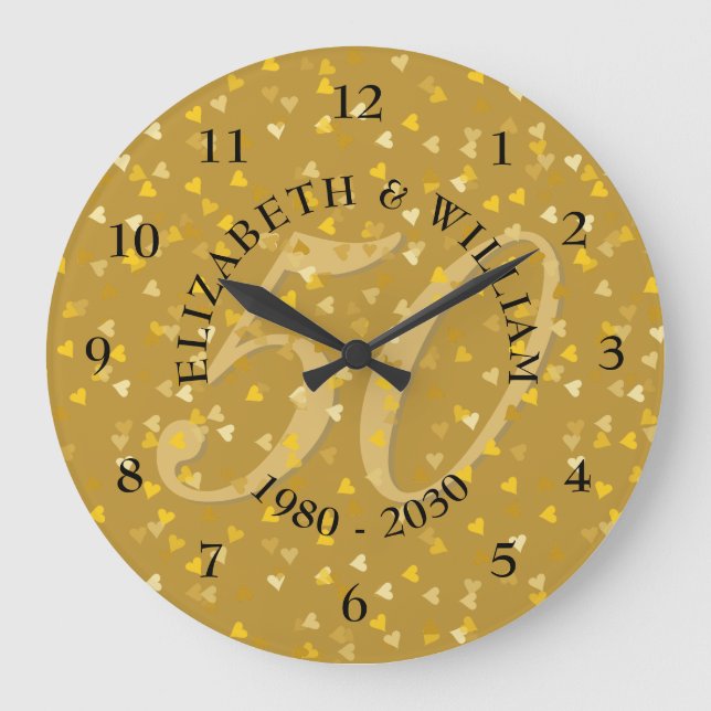 50th Wedding Anniversary Gold Hearts Confetti Large Clock (Front)