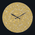 50th Wedding Anniversary Gold Hearts Confetti Large Clock<br><div class="desc">50TH WEDDING ANNIVERSARY GOLD HEARTS CONFETTI CLOCK. Personalised with your names in white with a faux gold drop shadow and a beautiful script "50" (or a monogram initial),  on a delicate gold hearts confetti background. Designed by Pure Piglet© at www.zazzle.com/purepiglet*.</div>