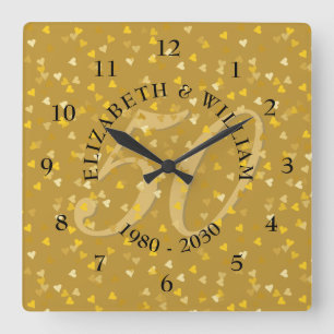 50th Wedding Anniversary Gold Hearts Confetti Square Wall Clock