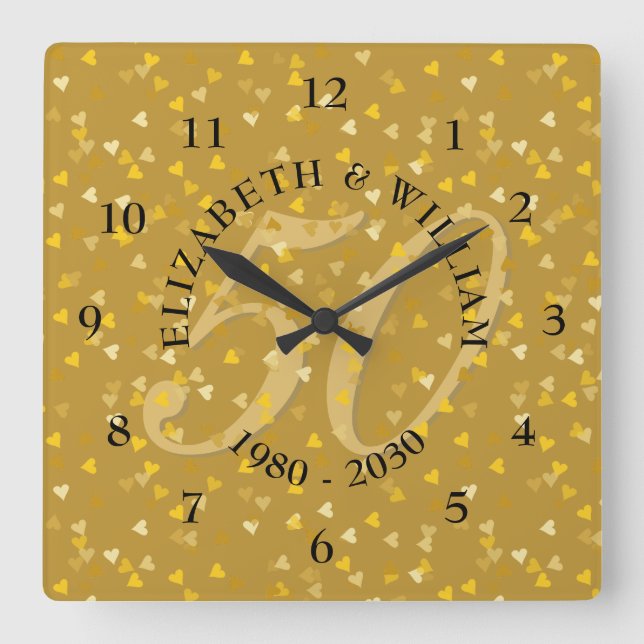50th Wedding Anniversary Gold Hearts Confetti Square Wall Clock (Front)